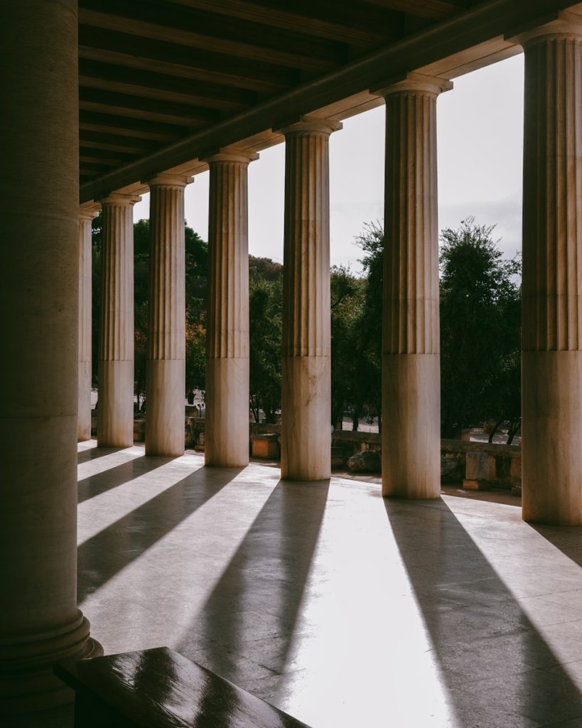 A long row of columns in a building
